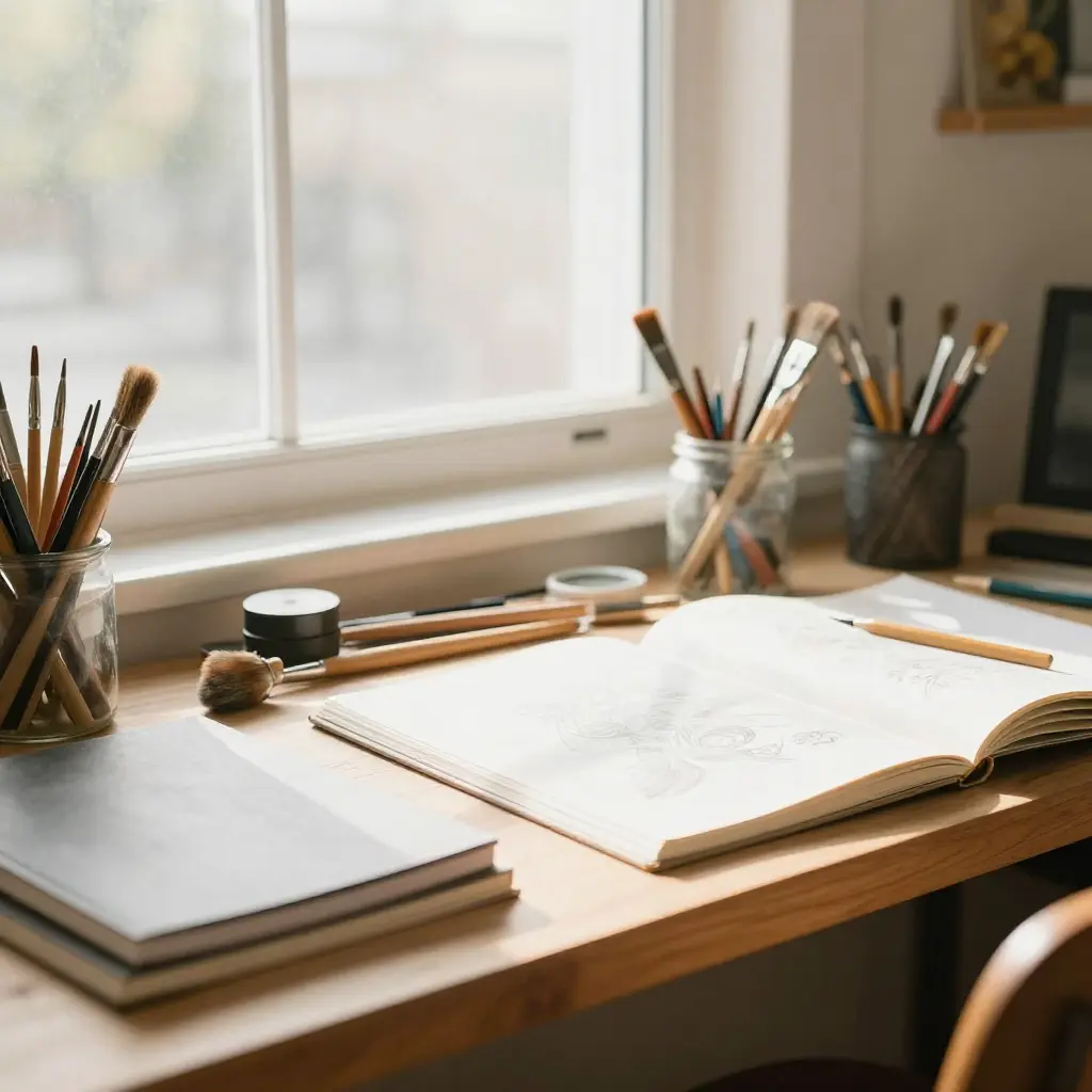 Bright creative workspace with art supplies and natural light