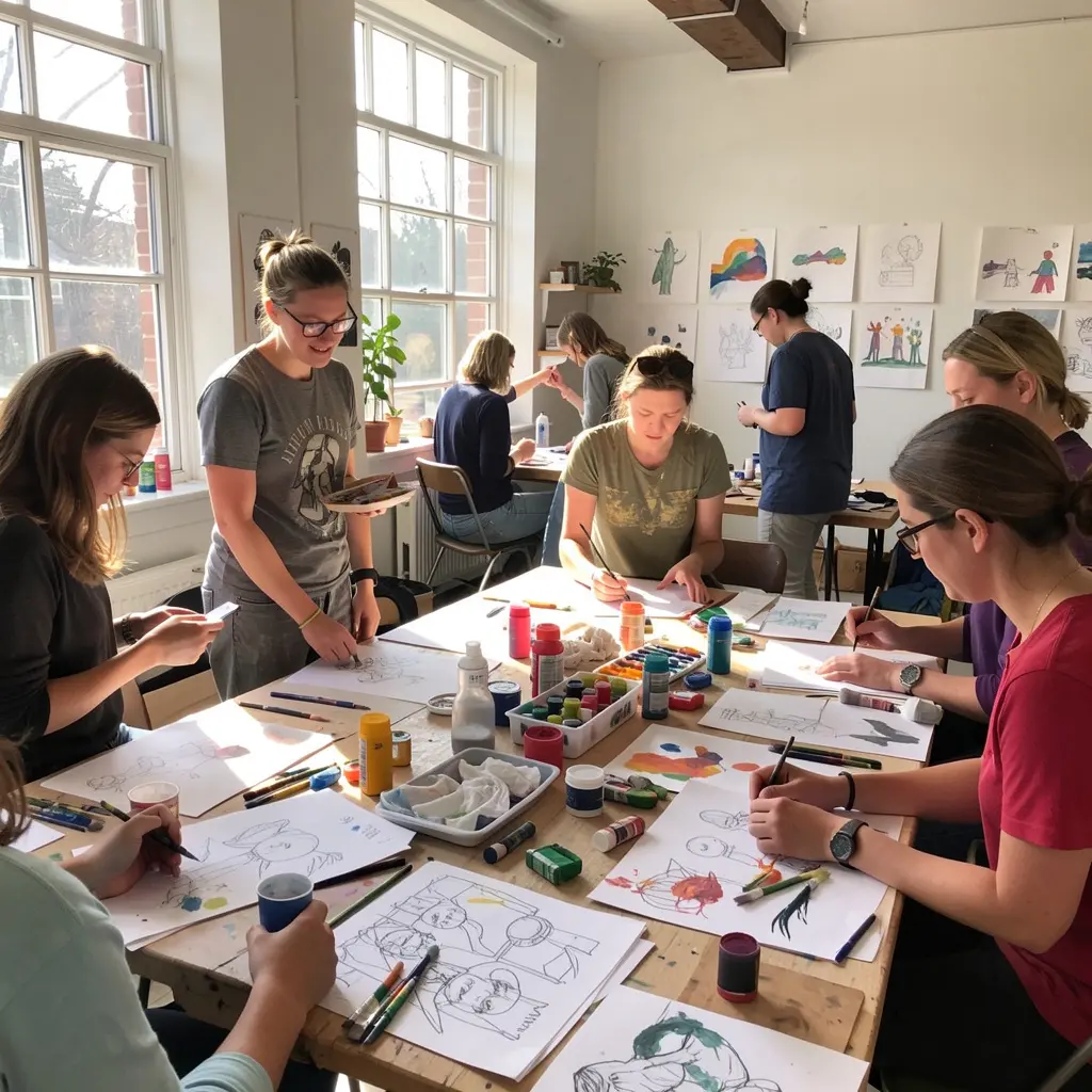 Participants enjoying a creative retreat day in a sunlit studio