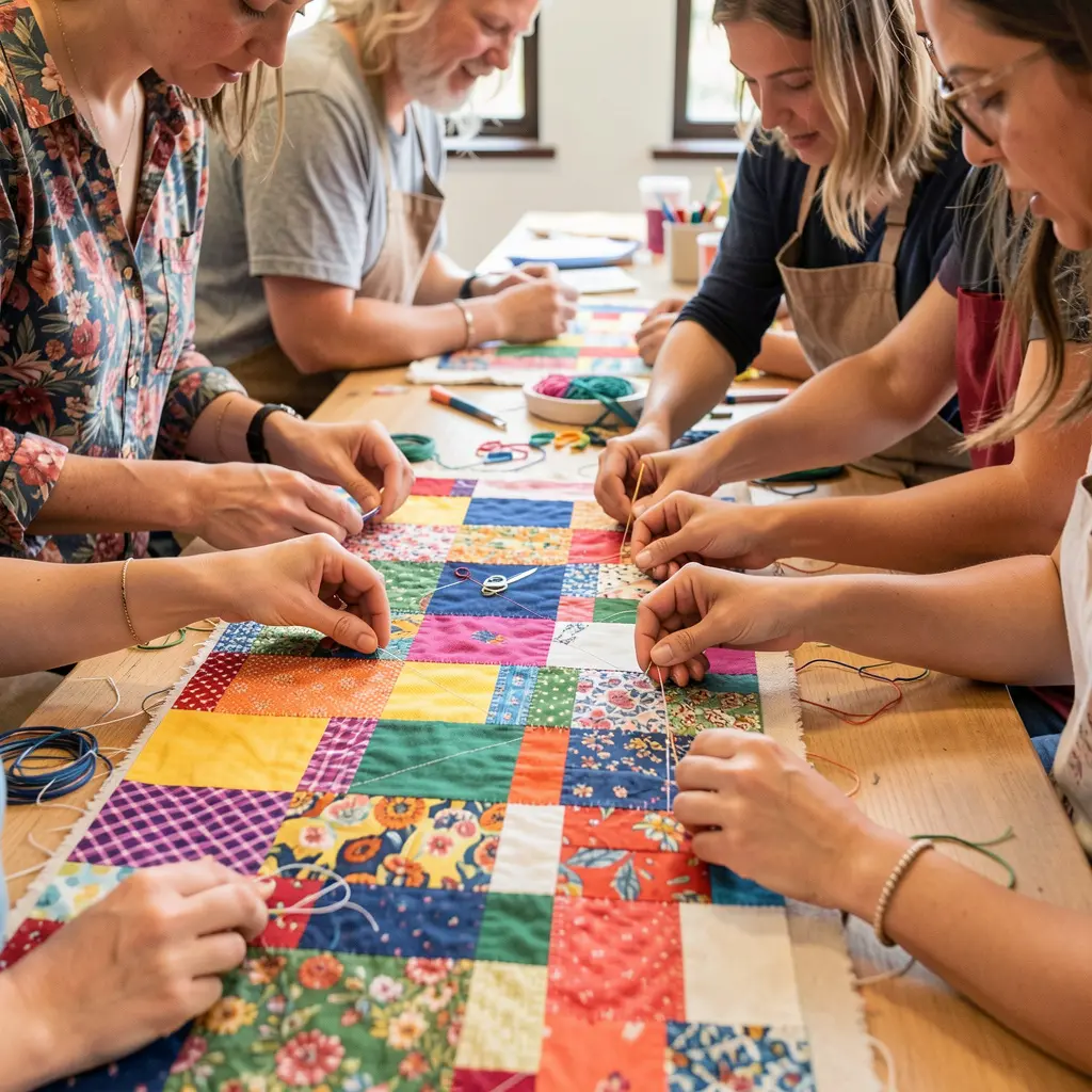 Group of participants collaborating on a textile art project